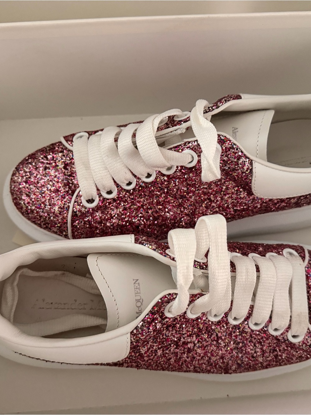Alexander McQueen White Sneakers with Pink Glitter Heel Accents - Picture 3 of 4
